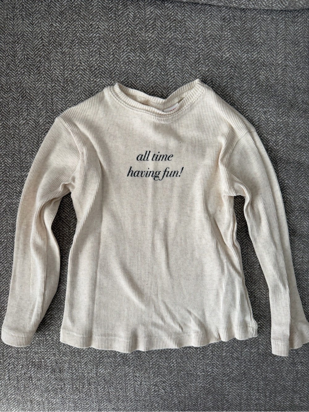 Cream Ribbed Long-Sleeve Kids Top - "all time having fun!"